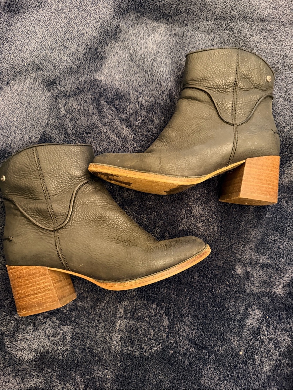 UGG Gray Leather Ankle Booties with Stacked Wood Heel